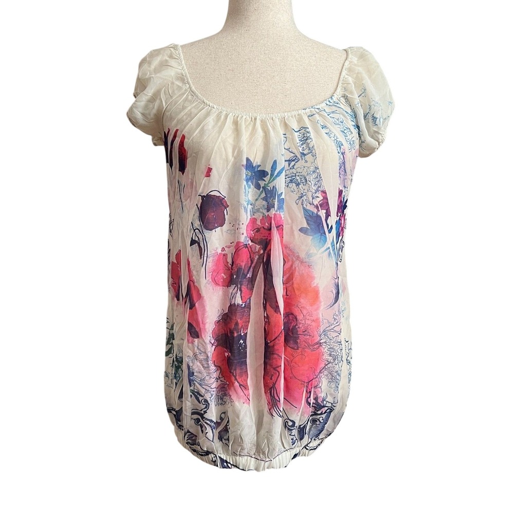 Y2K Wet Seal Floral Chiffon Cap Sleeve Sheer Blouse Artsy Cottagecore Summer M
